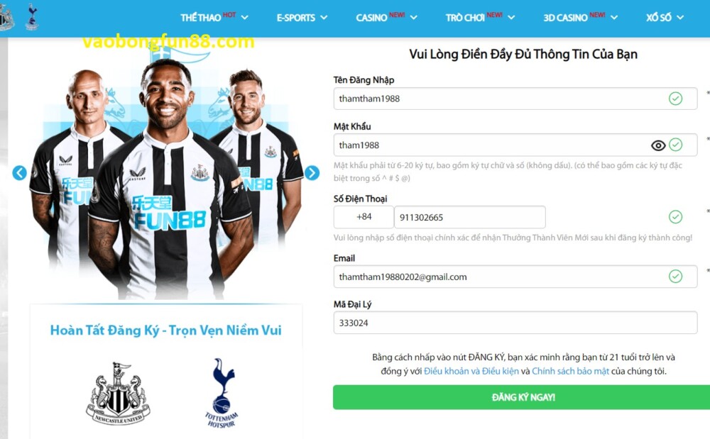 Điền thông tin theo biểu mẫu FUN88