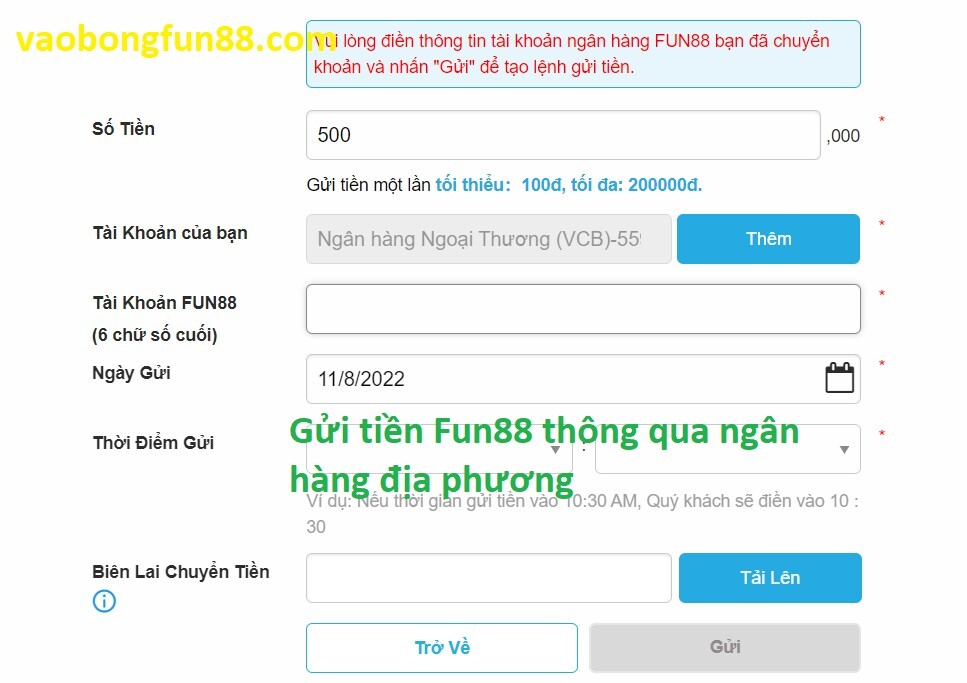 Xác nhận gửi tiền FUN88 thông qua ngân hàng địa phương